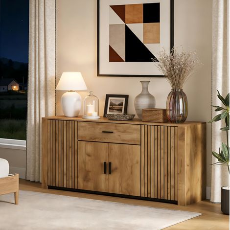 Buffet 160x40x75 cm chêne en panneaux de particules avec 4 portes, 1 tiroir et étagères réglables (1/5)