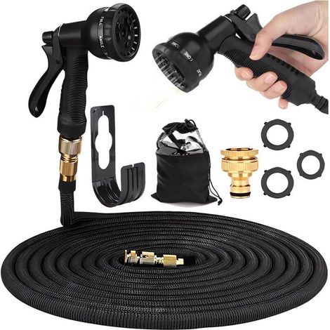 Tuyau d'arrosage 7m, Tuyau d’arrosage Extensible avec 1/2" et 3/4" (19mm et 13mm) Adaptateurs, 8 Modes d'Arrosage, Latex Triple Épaisseur Durable avec Raccords en Métal et Sac, Noir (1/4)
