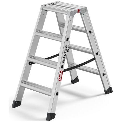 Hailo Master D100 - Escalera de doble peldaño de aluminio – Escalera transitable por ambos lados – Ligera y estable – Peldaños antideslizantes – Gran superficie de apoyo – 2 x 4 peldaños – Certificado