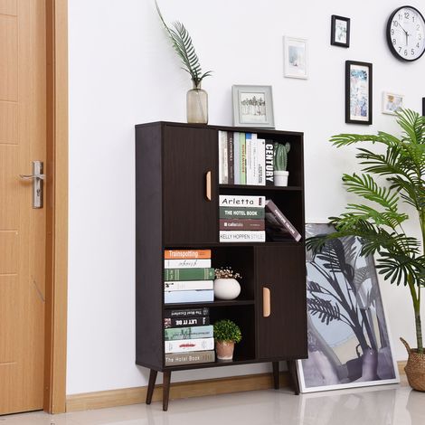 Bibliothèque scandinave 4 niches + 2 placards avec étagère dim. 80L x 24l x 123H cm Pieds effilés inclinés Bois Massif Panneaux Particules wengé