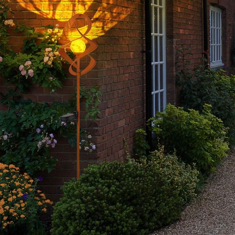 Solarlampen für außen Garten Steckleuchte IP44 Akku Solarleuchten Garten, Rotierend, Metall rostfarben Glas amber crackle, 1x LED 3000K, DxH 14,5x90cm