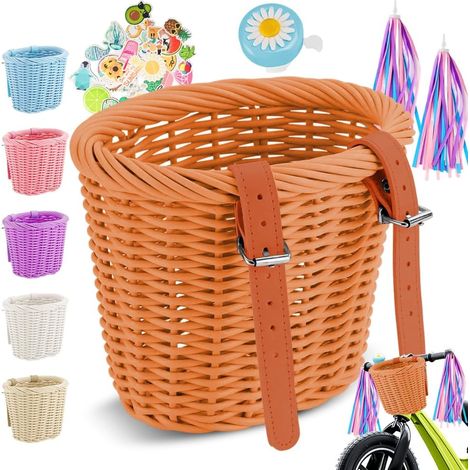 Cestino per bicicletta intrecciato per bambini - Cestino anteriore per bicicletta per bambini e bambine - Cestino anteriore rimovibile per bicicletta - Con campanelli, festoni, campanello per biciclet (1/5)