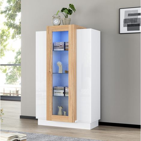 Wohnzimmervitrine 74x40x120 cm Weiß/Naturholz aus Spanplatte mit LED und transparenten Acrylfronten (1/5)