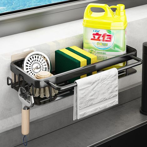 Porta spugna per lavello da cucina con vassoio di scolo, organizer da cucina da appendere, porta spugna da cucina, organizer per lavello in acciaio inox con portasciugamani e gancio