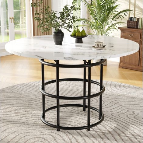 Table à manger ronde 100x100x76 cm noire en MDF et métal avec pieds réglables et effet marbre (1/5)