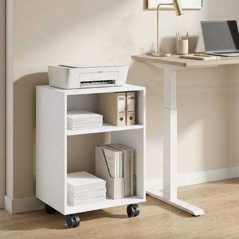 Meuble pour imprimante mobile en bois blanc avec roulettes freinables, 2 étagères ouvertes, 40x35x55 cm, idéal bureau ou étude. (1/5)