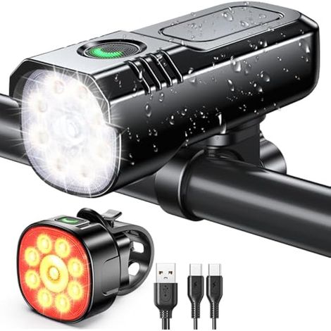 Feux de vélo avant et arrière, super lumineux, rechargeables USB, 8+7 modes d'éclairage, charge rapide, étanches IP65, kit idéal pour nuit/camping/montagne.