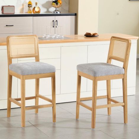 Barhocker 2er Set mit Rattan Rückenlehne und Holzbeinen, graues Leinenpolster (1/5)