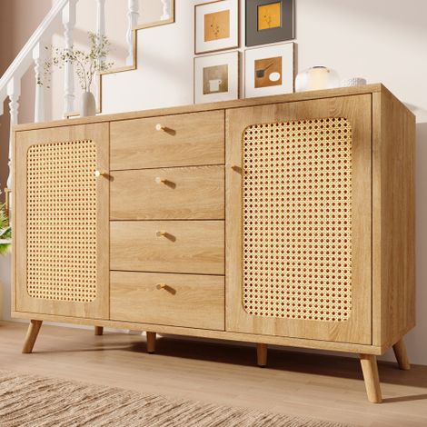 Buffet / Commode à 3 tiroirs et 2 portes – Meuble de rangement avec compartiment ouvert et façades à persiennes, style vintage – Pour salon, salle à manger, couloir et entrée – Finition chêne foncé