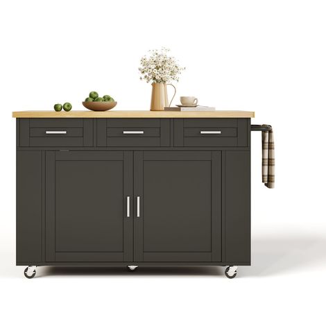 Desserte de Cuisine avec Plan Rabattable, 3 Tiroirs, Prises et Roulettes, en MDF Naturel Noir, 120 x 45(70) x 84 cm (1/5)