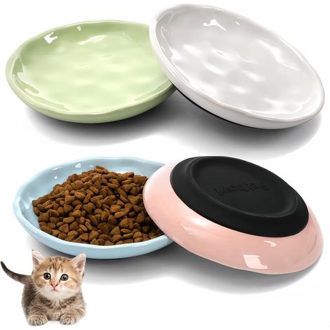 Pack Cat Food Bowl, Ceramic Cat Wet Food Bowls for Indoor Cats, Anti Whisker Fatigue Kitten Feeding Plate, Shallow Dog Dishes with Silicone Bottom for Puppy, Rabbit, Small Pet (1/4)