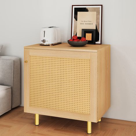 Buffet rotin bois naturel 63x60x40cm table de chevet 1 porte meuble rangement rustique (1/5)