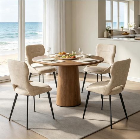 Juego de 4 sillas de comedor acolchadas, respaldo y reposabrazos envolventes, chenilla y metal, caqui (1/5)
