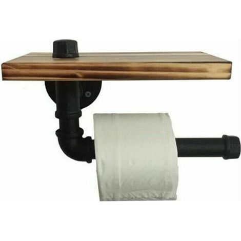 Retro-Design-Toilettenpapierhalter-Set aus Metallrohr mit Ablage und Holztablett, Schwarz - Crezuo