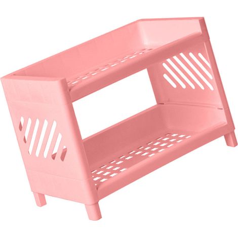 Étagère de bureau à 2 niveaux - Organisateur de rangement en plastique rose 24x15x19cm pour chambre bureau cuisine (1/5)