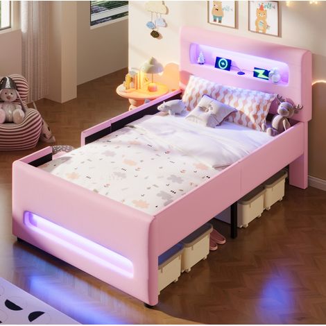 Lit plateforme capitonné 90x200 cm rose en PU et MDF avec tête de lit, tiroir de rangement, LED et marches (1/5)