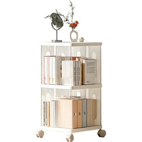 Bibliothèque rotative sur pied avec roulettes silencieuses, étagère de rangement mobile 360°, blanc, 2 niveaux (1/5)