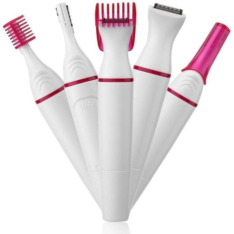Elektrischer 5-in-1 Haarentferner und Augenbrauentrimmer, Multifunktionsrasierer für Gesicht, Körper und Bikinizone, Weiß-Rosa (1/5)