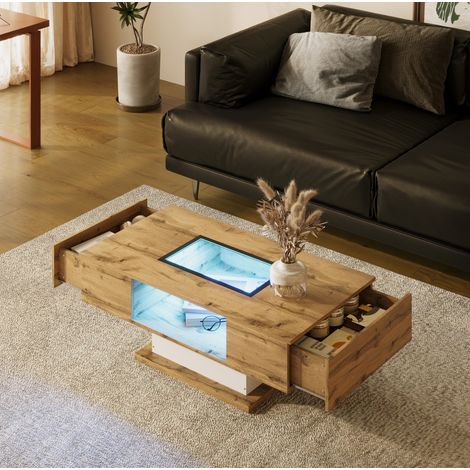 Tavolino da caffè in truciolare rovere naturale e bianco con vetro e LED, 110,2 cm, 2 cassetti (1/5)