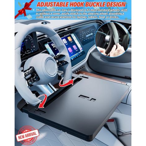 Ampio tavolino portatile per auto con supporto regolabile per laptop, ripiano e vassoio. Tavolino che si adatta al coprivolante. Mangia e lavora in auto. (1/5)