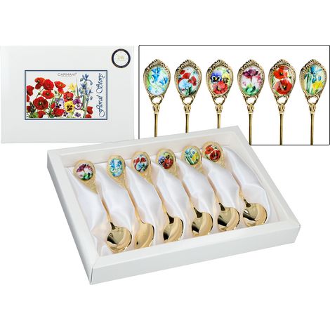Cucharillas de té Carmani, chapadas en oro - flores - historia floral (juego de 6 piezas) (1/5)