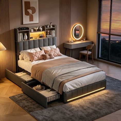 Lit 90x200 avec 2 tiroirs,lit 90x200 avec sommier à lattes,LED,USB,lit simple,lit adulte,lit 1 personne,tissu en lin,Gris (1/5)