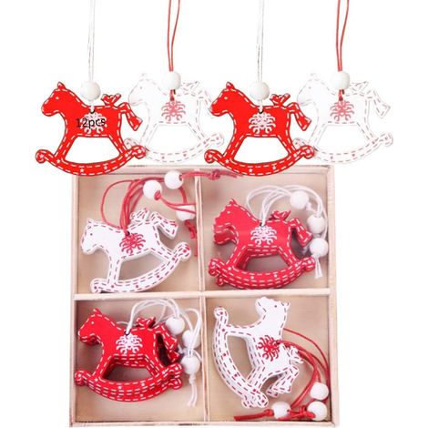 12pcs Ornements d'arbre de Noël en Bois,Arbre de Noël en Bois Suspendu,Décorations de Noël Suspendues,Décoration Noel Sapin Bois (Poney)