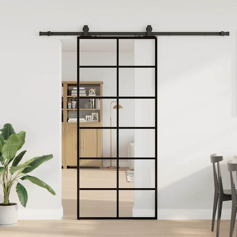Schiebetür mit Beschlag Schwarz 90x205 cm ESG-Glas