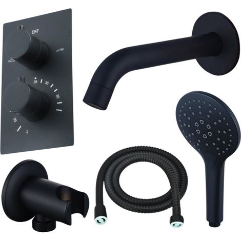 FugaFlow Eccelente Ensemble robinet de baignoire Acces - bec - 22cm raccourcissable - flexible métallique - douchette ronde - corps encastré - support
