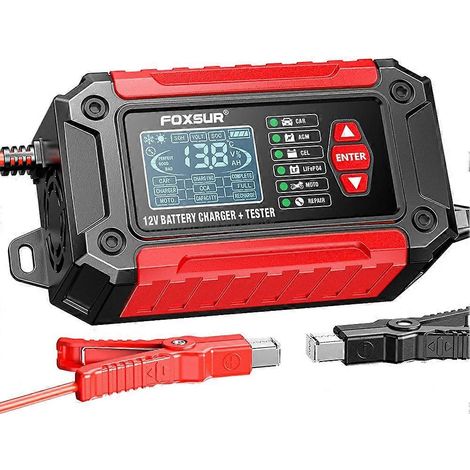 FOXSUR 2 in 1 Smart Batterieladegerät/Tester für Auto und Motorrad, 12V LiFePO4 Deep Cycle AGM Blei-Säure Smart Ladegerät (EU-Stecker). (1/5)