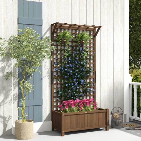 Hochbeet mit Spalier und Dach, Pflanzkasten, Blumenbeet, wetterfest, Holz, 90 x 45 x 183 cm, Braun