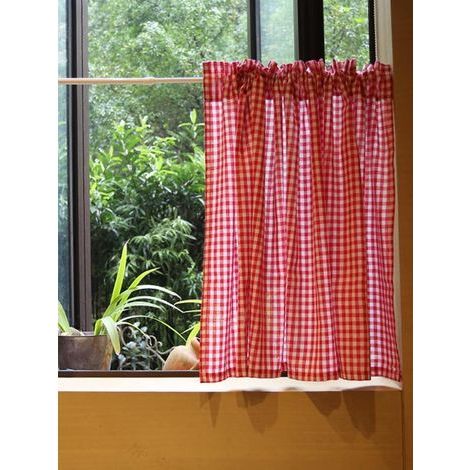 Kurzer Küchenvorhang für kleine Fenster, blickdichter Baumwollstoff, Vichy-Karo, Weiß und Rot, Café-Vorhang, Scheibenvorhang, Gardine, Halbgardine, Stangendurchzug für Bistro/Café (138 cm B x 70 cm H) (1/5)