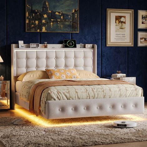 Lit 140x200 cm - Lumières LED et port USB - Sommier à lattes - Lit suspendu - Tête de lit capitonnée - Velours blanc