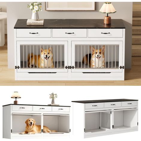 Cage pour 2 chiens en bois et métal, niche d'intérieur avec serrure, porte à charnières, séparateur amovible, 3 tiroirs, blanc et noir, grand format, dimensions 164 × 60 × 81 cm