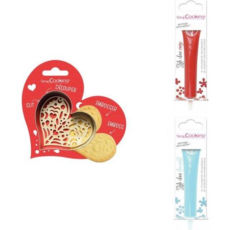 Kit pour biscuit en relief Coeur + 2 Stylos au chocolat rouge et bleu pastel (1/3)