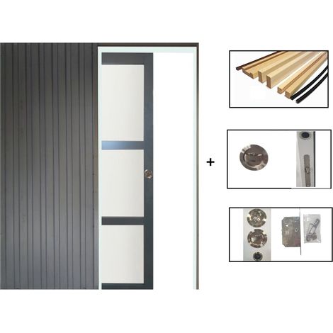 Porta scorrevole Blakeria con vetrata grigia antracite H204 x L73 cm, a incasso, kit di finitura Gd Menuserie