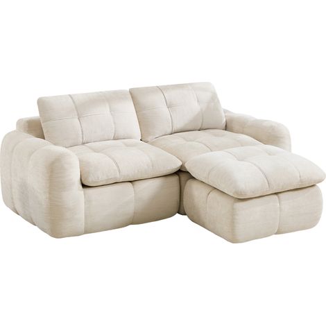 Sofá modular en L de 2 plazas con otomán, chenilla beige, sin montaje (1/5)