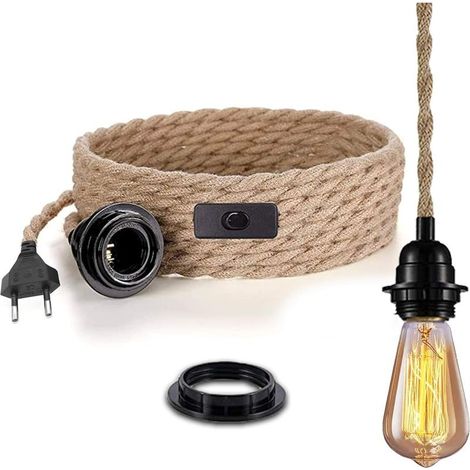 Lampe avec interrupteur, suspension vintage en lin avec corde de chanvre tressée de 4,5 mètres, douille E27, cuisine, 0,75 mm², pour bar, sous-sol, entrepôt, ferme (ampoule non incluse) (1/3)