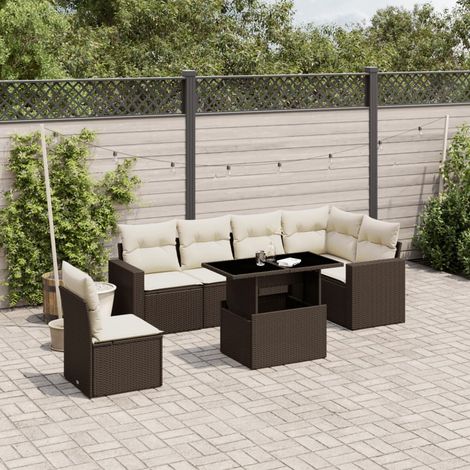 Salon de jardin complet en résine tressée marron avec 6 coussins - Ensemble 7 pièces incluant canapé, fauteuils et table ajustable (1/5)