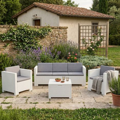 Dmora - Salón de exterior Cameri, Salón al aire libre, Conjunto de balcón o jardín, Composición de salón exterior, Made in Italy, Blanco (1/5)