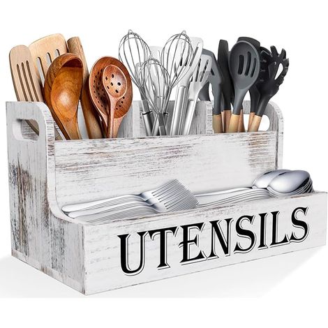 Porte ustensiles de cuisine extra grand avec 4 compartiments, organisateur d'ustensiles en bois blanc pour plan de travail de cuisine, rangement d'ustensiles de ferme, ustensiles de cuisine (1/5)
