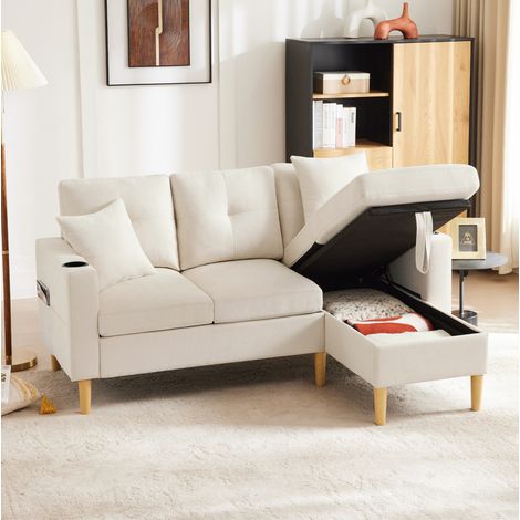 Sofá chaise longue con almacenaje y portavasos beige OKMYHOME (1/5)