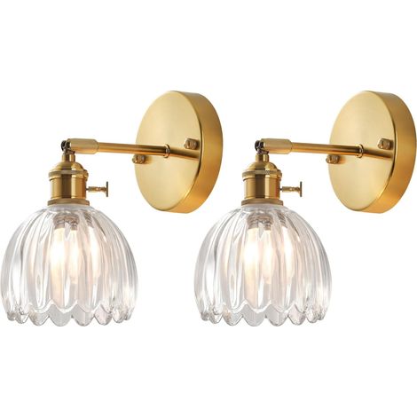 Lot de 2 Appliques Murales, Vintage Industrielle Lampe Murale avec Interrupteur en Métal Doré et Cristal, Luminaire Mural pour Couloir, Chambre, Salon, Douille E27 (TRANSPARENT) (1/5)