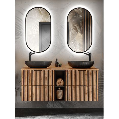 Badezimmer Waschplatz Set Doppelwaschtisch mit Regal, LED Spiegel XANTEN-56 in anthrazit mit Eiche Nb. schwarze Rillen, B/H/T: ca. 140,6/200/46,5 cm (1/5)