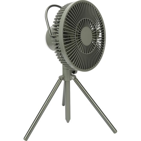 Ventilateur de camping trépied USB avec batterie rechargeable 10 000 mAh et veilleuse intégrée, vert olive. (1/5)