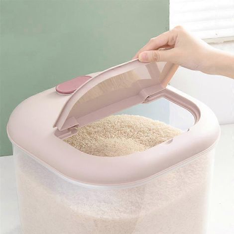 Conteneur de stockage de riz en plastique épais 6/10 kg, seau à riz avec verre doseur, boîte de rangement cylindrique pour céréales et farine. (1/2)