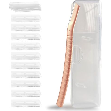 Rasoir à sourcils avec 10 lames en acier inoxydable et étui portable. Rasoir pour le visage pour femme en alliage anti-rouille, élégant et durable. Rasoir aiguisé en or rose (1/5)