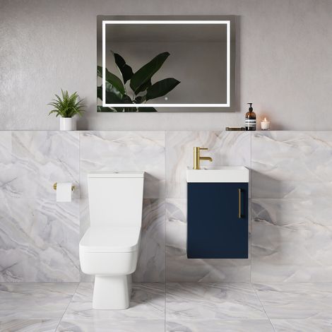 Napoli Cube Deep Blue 400mm Single Door Wall Mounted Vanity Unit and Toilet Suite with Align Basin - 400mm - Brushed Brass 160mm Handle