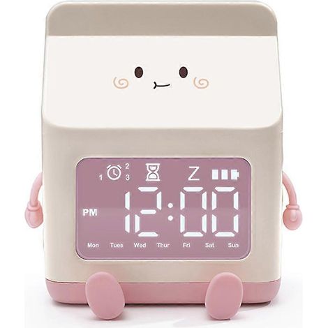 Elektronischer Wecker mit Handaufzug, in Form eines Milchkartons, mit integrierter LED-Anzeige, rosa. Ideal für Schlafzimmer, Nachttisch, Studentenwohnheim oder Studentenzimmer. (1/5)