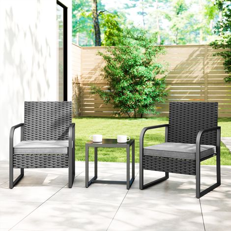 Salon jardin rotin Noir 2 fauteuils extérieurs table basse plateau verre